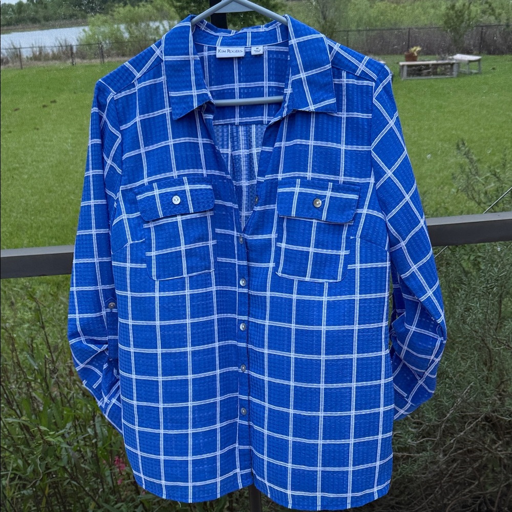 Kim Rogers Royal Blue and White Plaid Button-Down Shirt